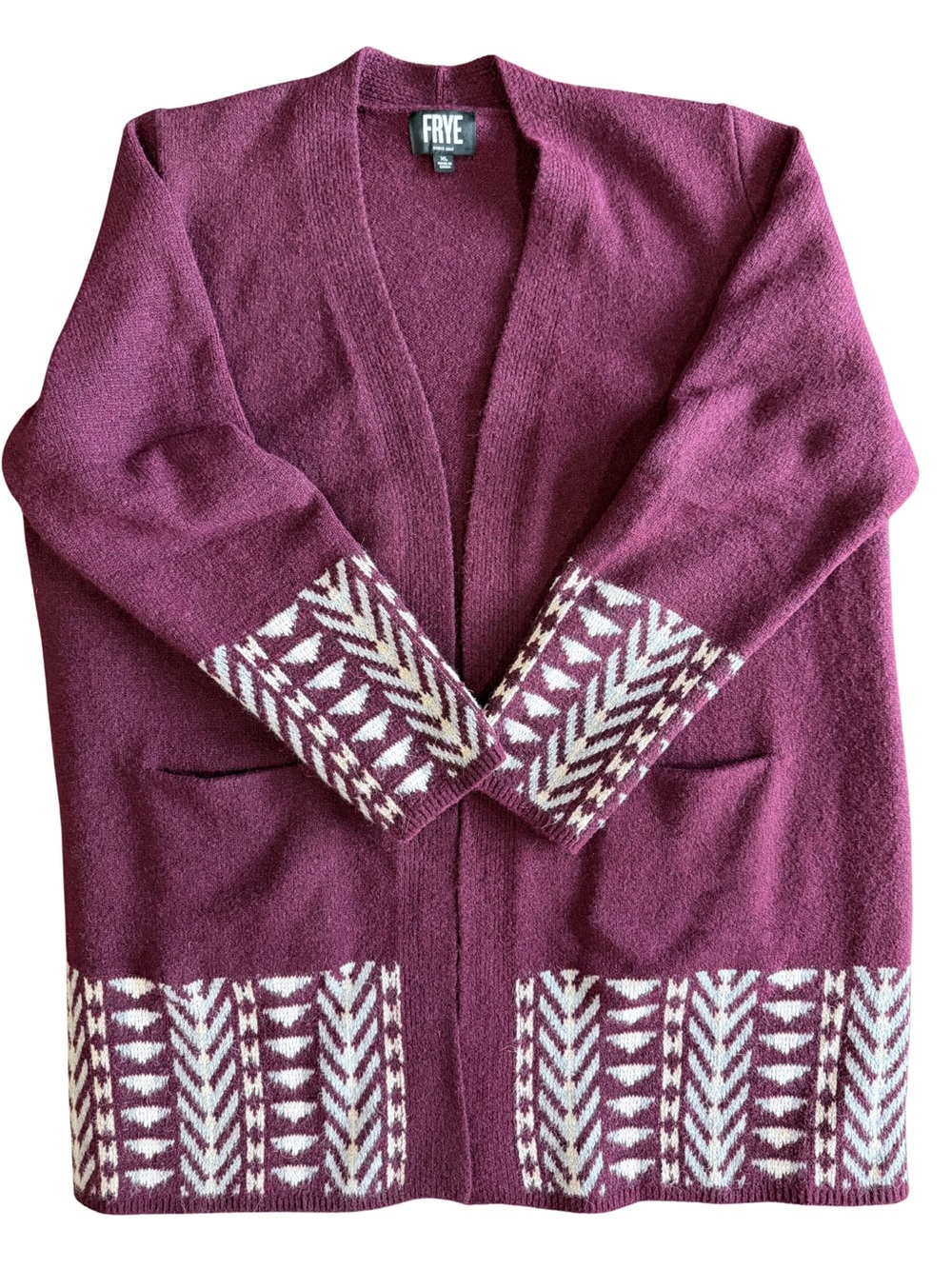 Frye XL Maroon Boho Open Front Cardigan Longline Aztec Knit Western Sweater